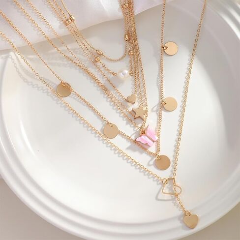 Long Layered Gold Butterfly Statement Necklace Set for Women Trendy Disc Heart Moon Party Favors Choker Necklaces Fashion Pearl Pendant Jewelry Gifts in Saudi Arabia