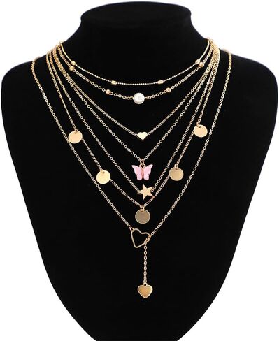 Long Layered Gold Butterfly Statement Necklace Set for Women Trendy Disc Heart Moon Party Favors Choker Necklaces Fashion Pearl Pendant Jewelry Gifts in Saudi Arabia