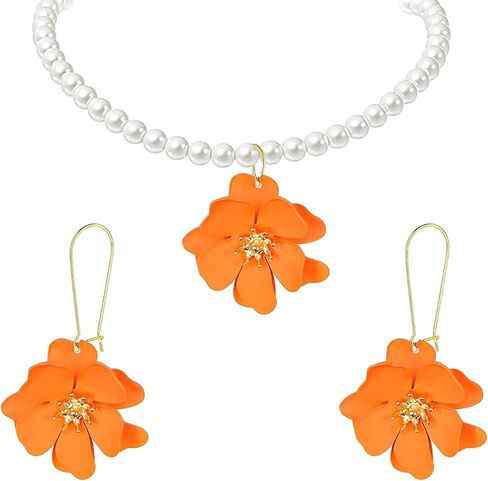 Flower Pearl Earrings Necklace Set for Women Trendy Lucky Bohemian Chic Cute Flower Pearl Blossom Design Earrings Dangle Drop Earring Necklace Set Holiday Summer Hawaiian Fashion Jewelry Gift in Saudi Arabia