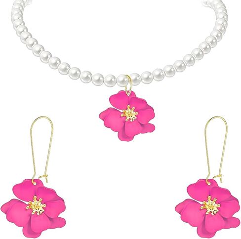 Flower Pearl Earrings Necklace Set for Women Trendy Lucky Bohemian Chic Cute Flower Pearl Blossom Design Earrings Dangle Drop Earring Necklace Set Holiday Summer Hawaiian Fashion Jewelry Gift in Saudi Arabia