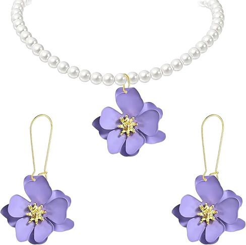 Flower Pearl Earrings Necklace Set for Women Trendy Lucky Bohemian Chic Cute Flower Pearl Blossom Design Earrings Dangle Drop Earring Necklace Set Holiday Summer Hawaiian Fashion Jewelry Gift in Saudi Arabia