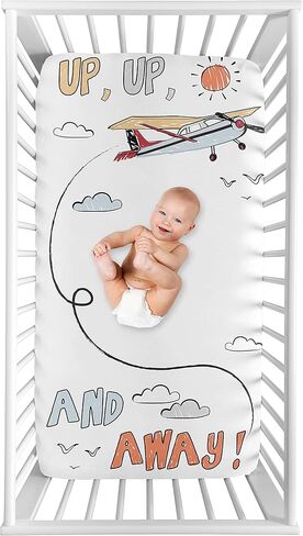 Sweet Jojo Designs Vintage Airplane Boy Fitted Mini Crib Sheet Baby Nursery Infant Newborn Bed Room Portable Pack n Play Mattress Grey Green Blue White Yellow Airplanes Plane Transportation Clouds Sun in Kuwait