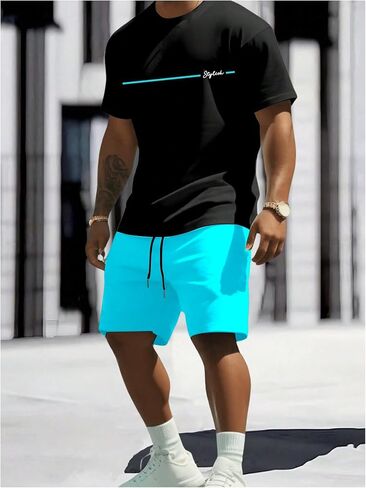 Men's Casual Outfits Short Sleeve Letter Graphic Tees & Workout Shorts Tracksuits in Saudi Arabia