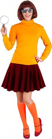 7pcs زي Velma مع شعر مستعار للنساء الكبار Halloween Cosplay Velma مع Top Orange Turtleneck ، تنورة حمراء in Saudi Arabia