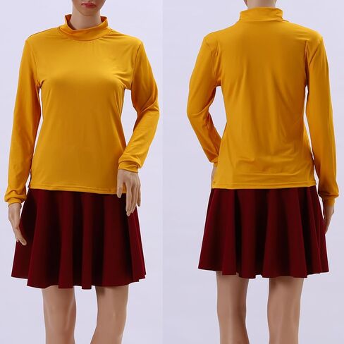7pcs زي Velma مع شعر مستعار للنساء الكبار Halloween Cosplay Velma مع Top Orange Turtleneck ، تنورة حمراء in Saudi Arabia