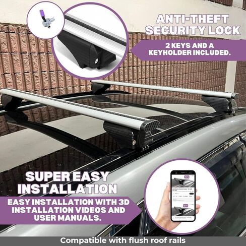 ERKUL Roof Rack Cross Bars for Audi A3 Sportback e-tron 2016-2018 | Aluminum Crossbars with Anti Theft Lock for Rooftop | Compatible with Flush Rails - Silver in Saudi Arabia