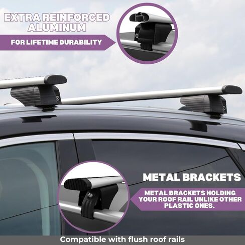 ERKUL Roof Rack Cross Bars for Audi A3 Sportback e-tron 2016-2018 | Aluminum Crossbars with Anti Theft Lock for Rooftop | Compatible with Flush Rails - Silver in Kuwait