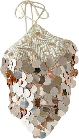MakeMeChic Women's Summer Y2K Party Halter Tops Pearl Beaded Sequin Sweater Knitted Crop Tops in Kuwait