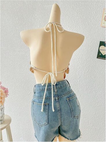 MakeMeChic Women's Summer Y2K Party Halter Tops Pearl Beaded Sequin Sweater Knitted Crop Tops in Kuwait