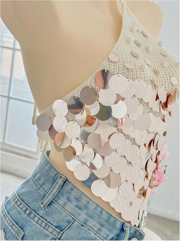 MakeMeChic Women's Summer Y2K Party Halter Tops Pearl Beaded Sequin Sweater Knitted Crop Tops in Kuwait