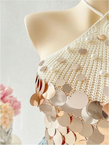 MakeMeChic Women's Summer Y2K Party Halter Tops Pearl Beaded Sequin Sweater Knitted Crop Tops in Kuwait