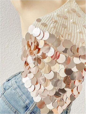 MakeMeChic Women's Summer Y2K Party Halter Tops Pearl Beaded Sequin Sweater Knitted Crop Tops in Kuwait