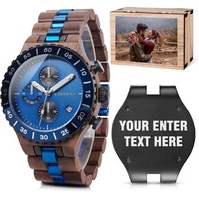 2win Engraved Wooden Watches for Men Blue Date Chronograph Military Luxury Personalized Customized Wrist Watches Anniversary Watch Gift for Husband My Man Boyfriend in Kuwait