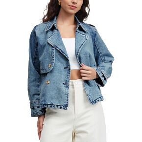 Denim Jacket for Women Lapel Double Breasted Oversized Jean Jacket Fall Casual Trendy Trench Coat with Pockets in Saudi Arabia