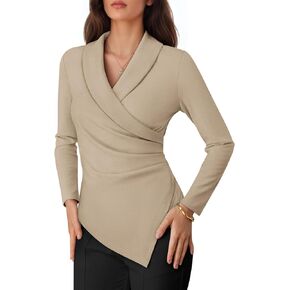 Womens Long Sleeve Tops Dressy Casual Work Blouses Asymmetrical Slim Fit V Neck Wrap Shirts 2025 in Kuwait