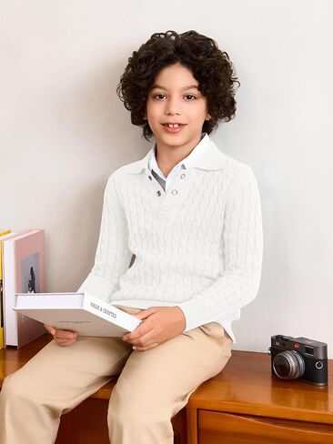 Haloumoning Boys Cable Knit Polo Shirt Kids Long Sleeve Sweater Fall Fashion Clothes 5-14 Years in Saudi Arabia