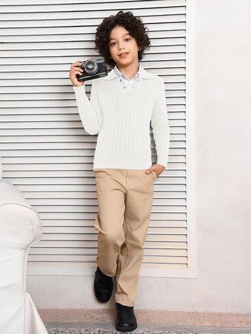 Haloumoning Boys Cable Knit Polo Shirt Kids Long Sleeve Sweater Fall Fashion Clothes 5-14 Years in Saudi Arabia