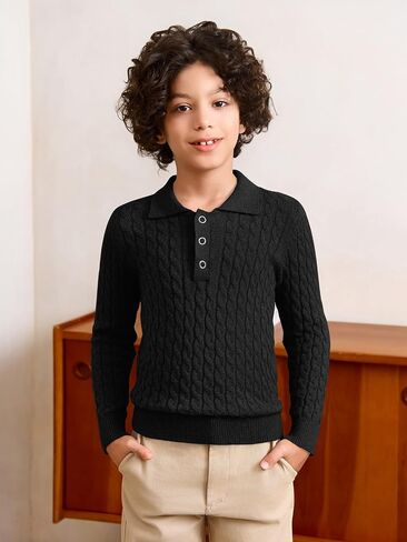 Haloumoning Boys Cable Knit Polo Shirt Kids Long Sleeve Sweater Fall Fashion Clothes 5-14 Years in Saudi Arabia