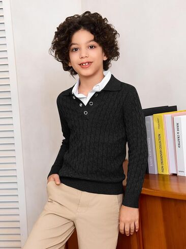 Haloumoning Boys Cable Knit Polo Shirt Kids Long Sleeve Sweater Fall Fashion Clothes 5-14 Years in Saudi Arabia