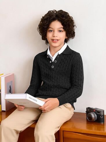 Haloumoning Boys Cable Knit Polo Shirt Kids Long Sleeve Sweater Fall Fashion Clothes 5-14 Years in Saudi Arabia