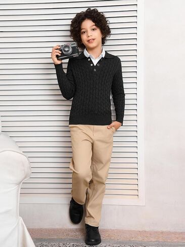 Haloumoning Boys Cable Knit Polo Shirt Kids Long Sleeve Sweater Fall Fashion Clothes 5-14 Years in Saudi Arabia