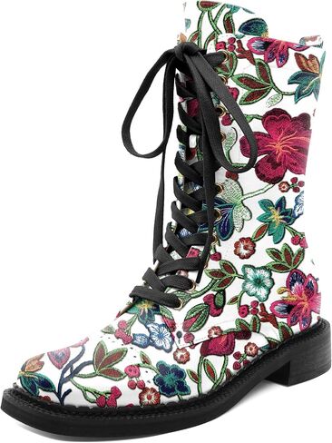 SAMMITOP Women's Ankle Bootie Lace up Mid Calf Combat Boots Chunky Low Heel Square Toe Zipper Boots Fashion Dress Shoes 1.4 Inch in Saudi Arabia
