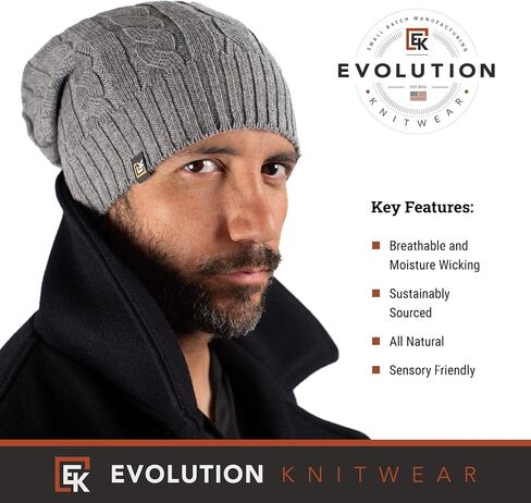 Evolution Meletwear Wool Cable Hat Knit Beanie Hat للرجال أو النساء - صوف Merino Super Super - مصنوع في الولايات المتحدة الأمريكية in Kuwait