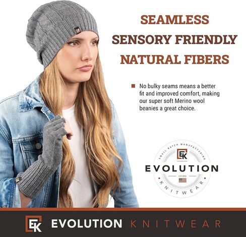Evolution Meletwear Wool Cable Hat Knit Beanie Hat للرجال أو النساء - صوف Merino Super Super - مصنوع في الولايات المتحدة الأمريكية in Kuwait