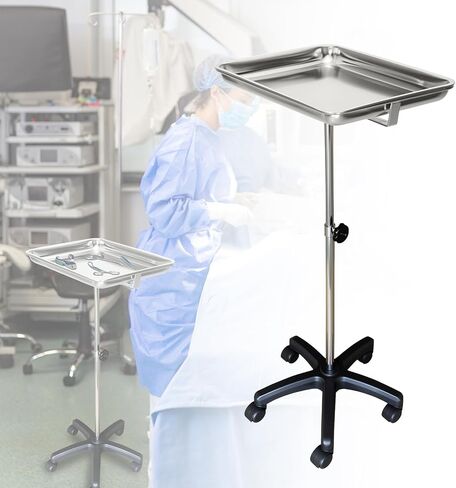 Mayo Instrument Stand - عربة خدمة الهاتف المحمول ومحطة الجدول لمستلزمات عيادة الحيوانات الأليفة الأسنان ، مع ارتفاع صينية العمل 30 "-50" الارتفاع in Kuwait