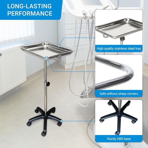 Mayo Instrument Stand - عربة خدمة الهاتف المحمول ومحطة الجدول لمستلزمات عيادة الحيوانات الأليفة الأسنان ، مع ارتفاع صينية العمل 30 "-50" الارتفاع in Kuwait