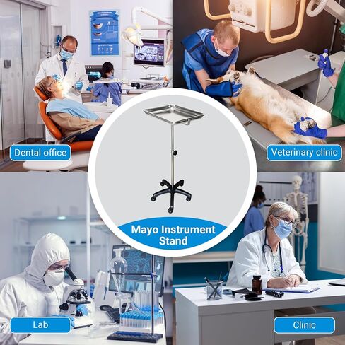 Mayo Instrument Stand - عربة خدمة الهاتف المحمول ومحطة الجدول لمستلزمات عيادة الحيوانات الأليفة الأسنان ، مع ارتفاع صينية العمل 30 "-50" الارتفاع in Kuwait