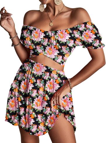 LYANER Women's 2 Piece Outfits Floral Off Shoulder Tie Up Crop Top and Mini Skirt Set in Kuwait