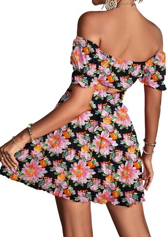 LYANER Women's 2 Piece Outfits Floral Off Shoulder Tie Up Crop Top and Mini Skirt Set in Kuwait
