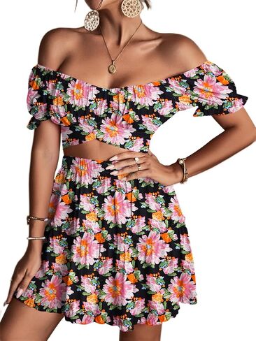 LYANER Women's 2 Piece Outfits Floral Off Shoulder Tie Up Crop Top and Mini Skirt Set in Kuwait