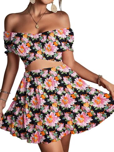 LYANER Women's 2 Piece Outfits Floral Off Shoulder Tie Up Crop Top and Mini Skirt Set in Kuwait