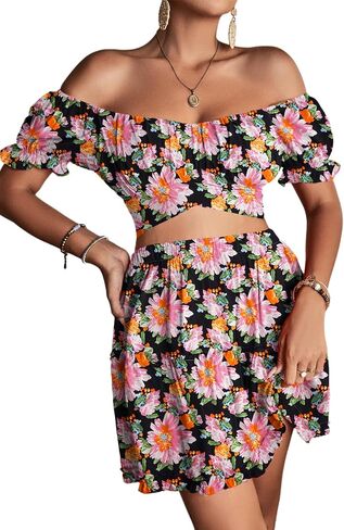 LYANER Women's 2 Piece Outfits Floral Off Shoulder Tie Up Crop Top and Mini Skirt Set in Kuwait
