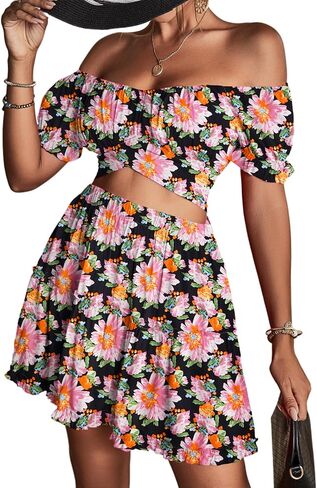 LYANER Women's 2 Piece Outfits Floral Off Shoulder Tie Up Crop Top and Mini Skirt Set in Kuwait