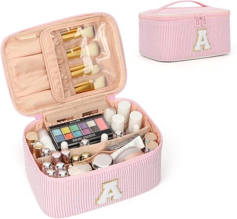 OCHEAL Makeup Bag for Women, Monogram Cosmetic Bag with Brush Holder, Pink Travel Makeup Case Beauty Toiletry Bag Organizer Personalized Gifts for Girls Bridesmaid, Sister, Wife, Friends Initial A in Saudi Arabia