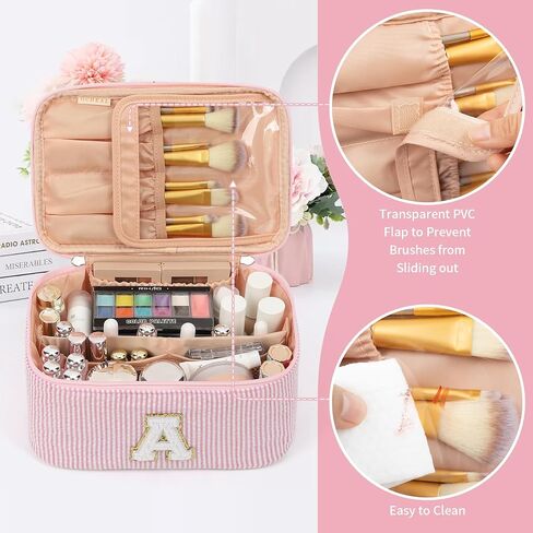 OCHEAL Makeup Bag for Women, Monogram Cosmetic Bag with Brush Holder, Pink Travel Makeup Case Beauty Toiletry Bag Organizer Personalized Gifts for Girls Bridesmaid, Sister, Wife, Friends Initial A in Saudi Arabia