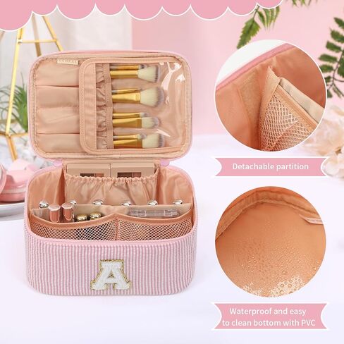 OCHEAL Makeup Bag for Women, Monogram Cosmetic Bag with Brush Holder, Pink Travel Makeup Case Beauty Toiletry Bag Organizer Personalized Gifts for Girls Bridesmaid, Sister, Wife, Friends Initial A in Saudi Arabia