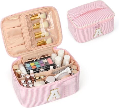 OCHEAL Makeup Bag for Women, Monogram Cosmetic Bag with Brush Holder, Pink Travel Makeup Case Beauty Toiletry Bag Organizer Personalized Gifts for Girls Bridesmaid, Sister, Wife, Friends Initial A in Saudi Arabia