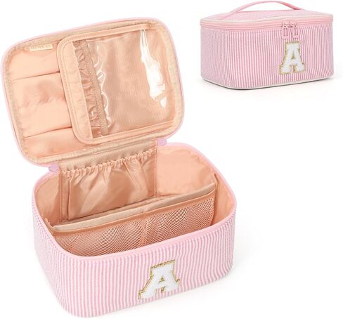 OCHEAL Makeup Bag for Women, Monogram Cosmetic Bag with Brush Holder, Pink Travel Makeup Case Beauty Toiletry Bag Organizer Personalized Gifts for Girls Bridesmaid, Sister, Wife, Friends Initial A in Saudi Arabia