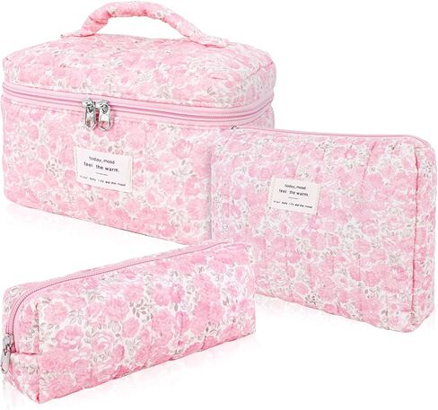 3Pcs Cotton Quilted Makeup Bag Set,Large Floral Cosmetic Bag，Aesthetic Toiletry Travel Makeup Bag Set and Cute Flower Bag for Women Girls (Pink Flower) in Kuwait