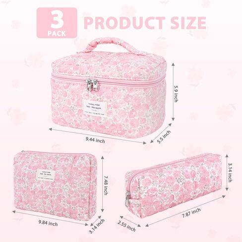 3Pcs Cotton Quilted Makeup Bag Set,Large Floral Cosmetic Bag，Aesthetic Toiletry Travel Makeup Bag Set and Cute Flower Bag for Women Girls (Pink Flower) in Kuwait