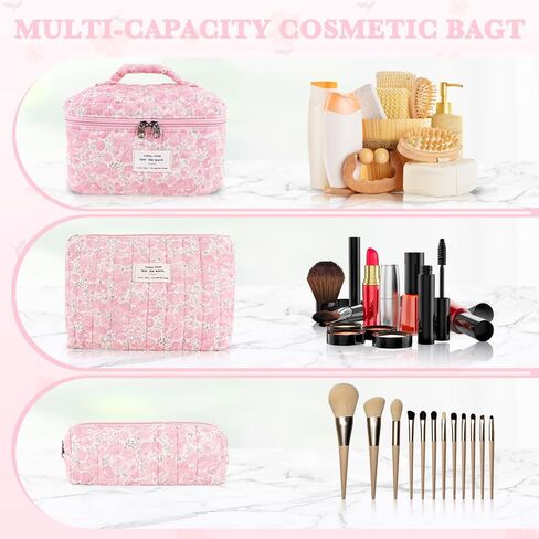 3Pcs Cotton Quilted Makeup Bag Set,Large Floral Cosmetic Bag，Aesthetic Toiletry Travel Makeup Bag Set and Cute Flower Bag for Women Girls (Pink Flower) in Kuwait
