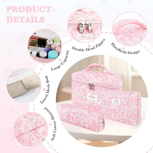 3Pcs Cotton Quilted Makeup Bag Set,Large Floral Cosmetic Bag，Aesthetic Toiletry Travel Makeup Bag Set and Cute Flower Bag for Women Girls (Pink Flower) in Kuwait