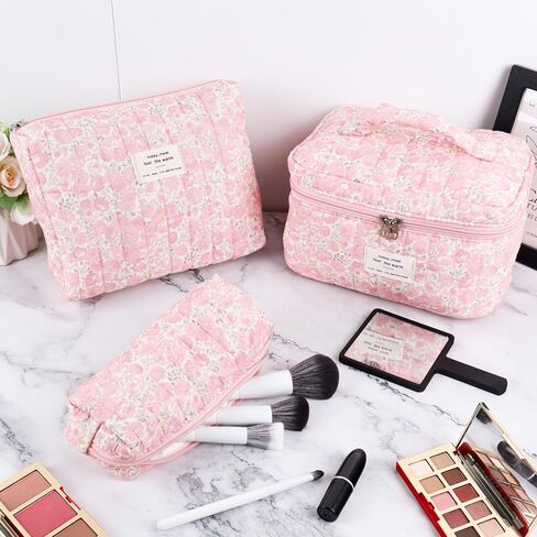 3Pcs Cotton Quilted Makeup Bag Set,Large Floral Cosmetic Bag，Aesthetic Toiletry Travel Makeup Bag Set and Cute Flower Bag for Women Girls (Pink Flower) in Kuwait