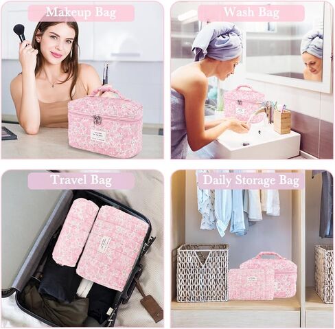 3Pcs Cotton Quilted Makeup Bag Set,Large Floral Cosmetic Bag，Aesthetic Toiletry Travel Makeup Bag Set and Cute Flower Bag for Women Girls (Pink Flower) in Kuwait