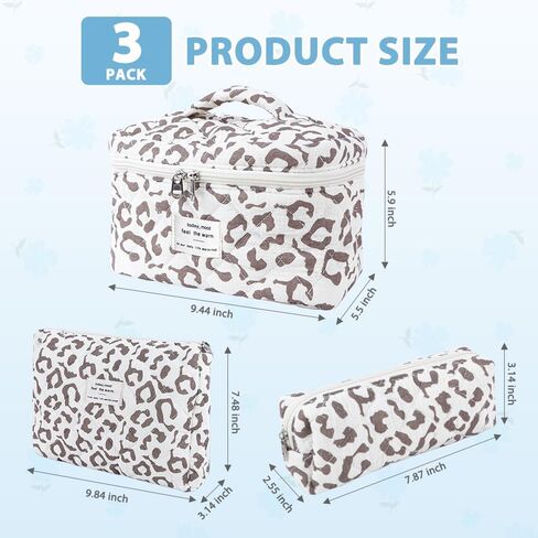 3Pcs Cotton Quilted Makeup Bag Set,Large Floral Cosmetic Bag，Aesthetic Toiletry Travel Makeup Bag Set and Cute Flower Bag for Women Girls (Pink Flower) in Kuwait