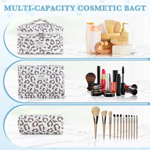 3Pcs Cotton Quilted Makeup Bag Set,Large Floral Cosmetic Bag，Aesthetic Toiletry Travel Makeup Bag Set and Cute Flower Bag for Women Girls (Pink Flower) in Kuwait